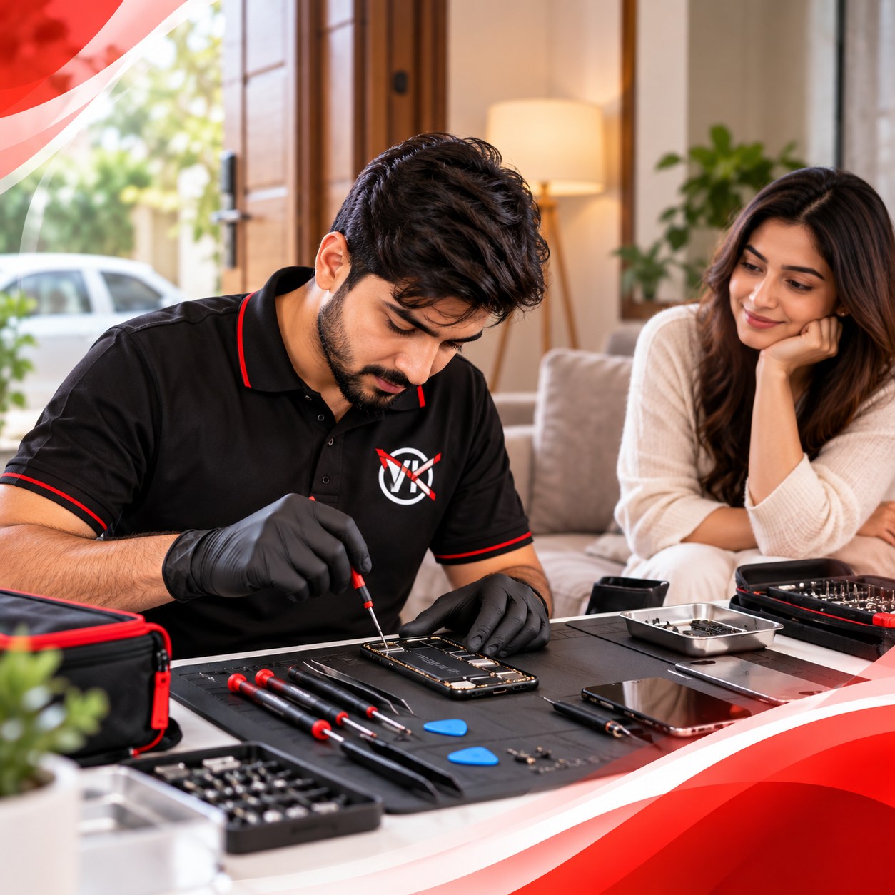 Vkay Mobiles technician repairing a smartphone at a customer's doorstep