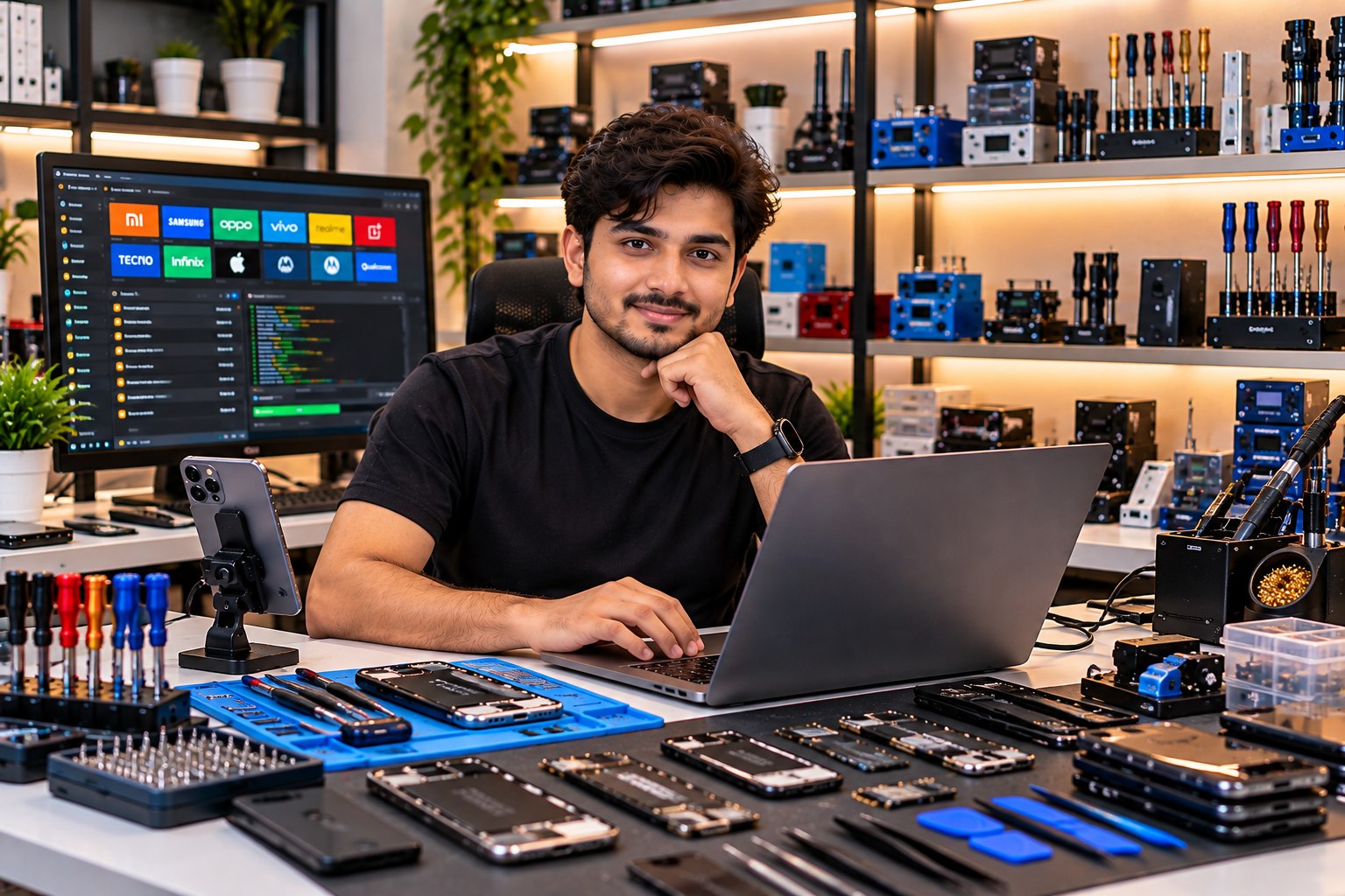 Mobile repair professional working at a fully equipped technician workstation